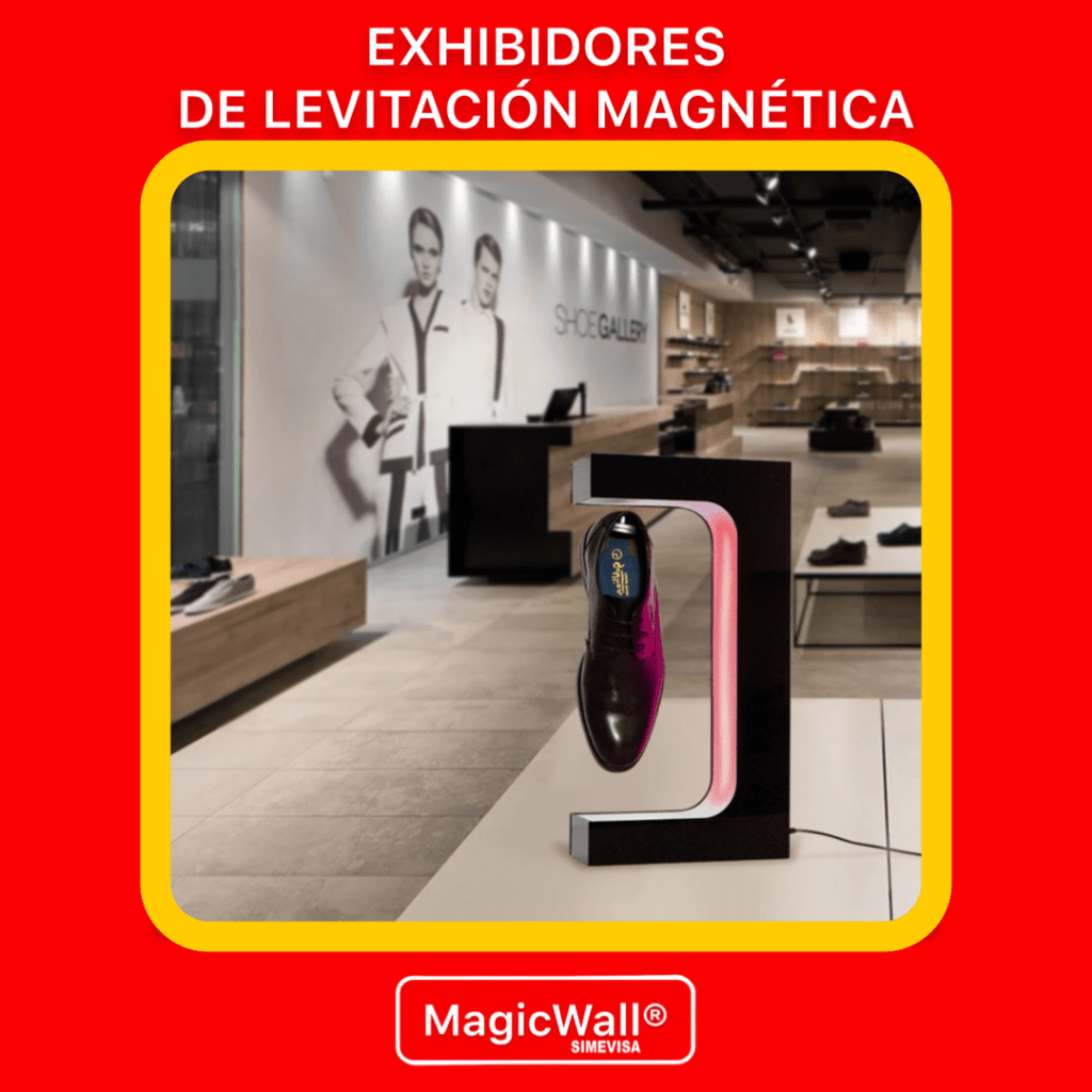 la levitación magnética permite exponer productos reales suspendidos en el aire mediante campos magnéticos, ofreciendo una presentación dinámica y llamativa. 
