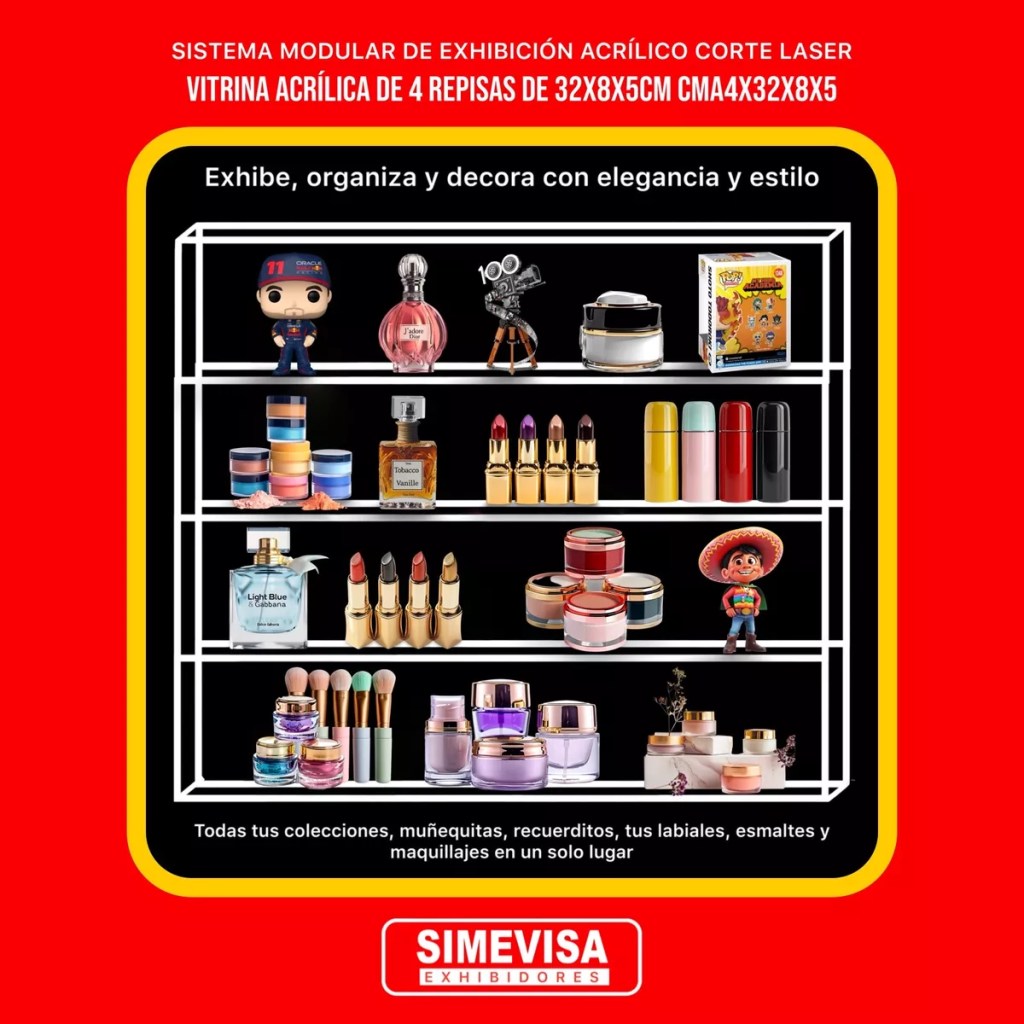 Material:
Acrílico transparente de 3 mm
Dimensiones Exteriores:
33.5 cm de ancho x 33.5 cm de alto x 5 cm de fondo
Número de Repisas o compartimentos:
4 repisas interior de 32 cm de ancho x 8cm de alto x 5 cm de fondo
Color:
Transparente